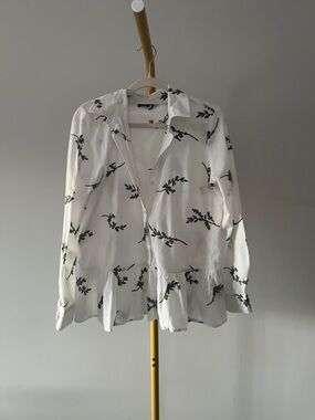 DKNY White Floral Embroidered Ruffle Peplum Collared Blouse Long Sleeve XS